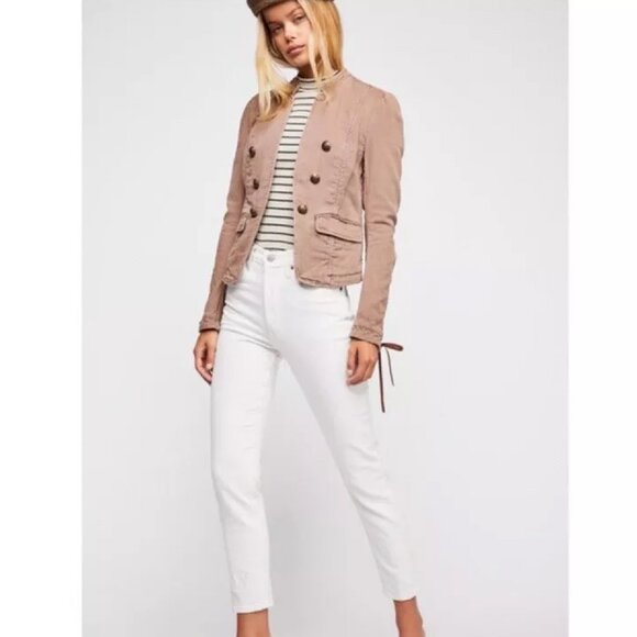 Free People Jagger Blazer Western Military Jacket Open Front Lace Up Cuff Beige - Picture 7 of 15
